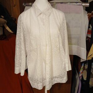 Womens Plus White Studio Works 1X Semi Sheer Snap Down Long Sleeve Blouse Shirt